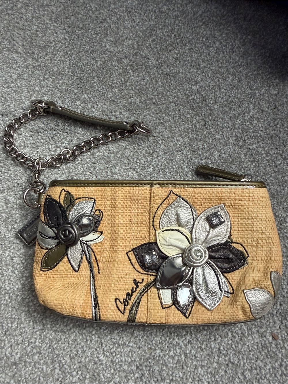 Coach Yellow Floral Appliqué Wristlet with Silver Accents
